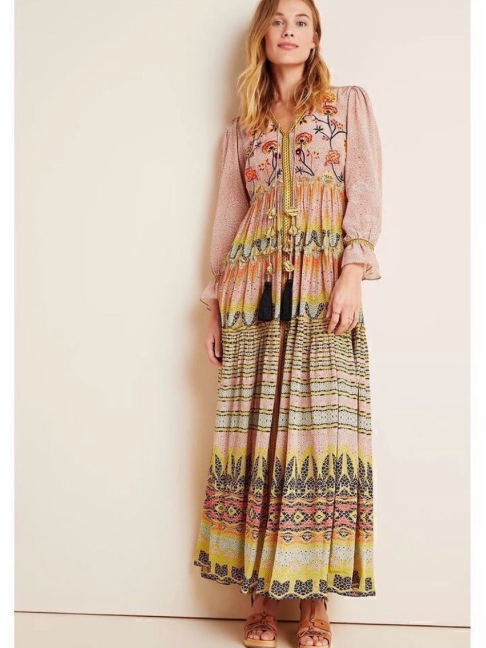 Anthropologie Giorgia Emboridered Bohemian Floral Maxi Dress 6P